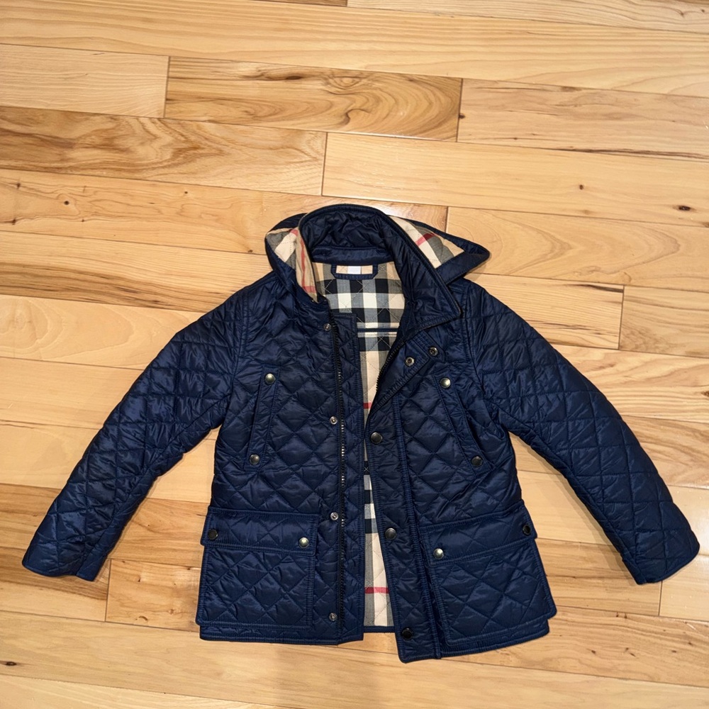 Burberry Quilted Navy Jacket with Plaid Lining-AUTHENTIC 6Y